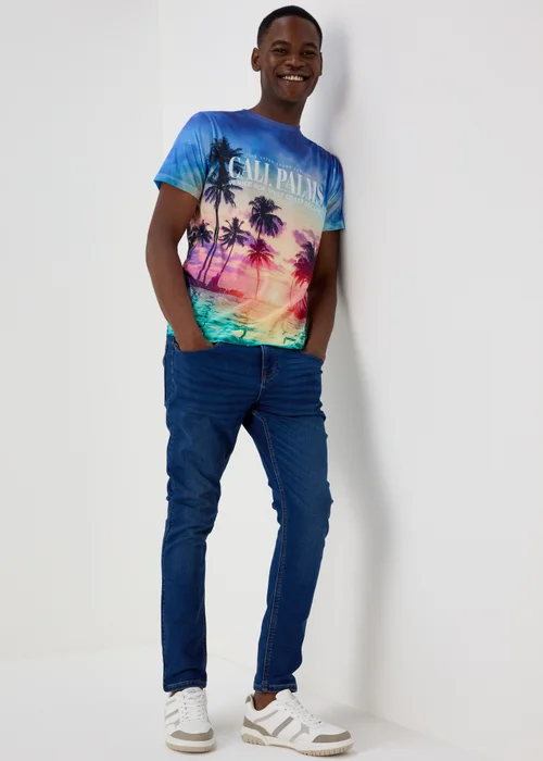 Blue LA Palm Tree Print T-Shirt - Small Image 4