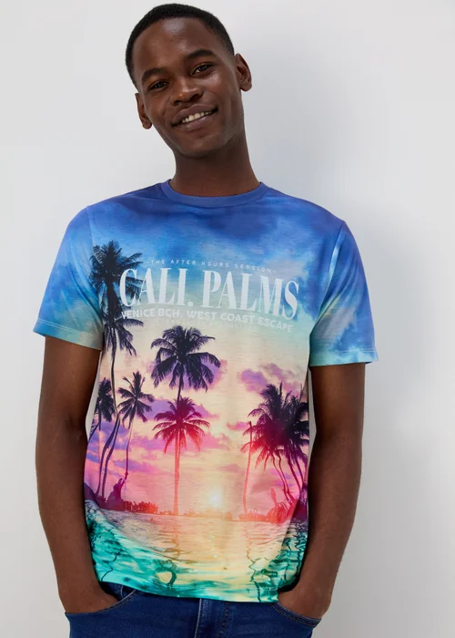 Blue LA Palm Tree Print T-Shirt - Small Image 1