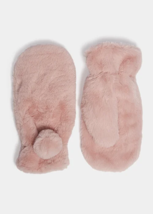 Girls Pink Faux Fur Mittens (3-11yrs) - Age 7-10 Years Image 1