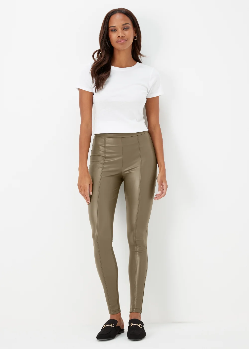 Khaki PU Seam Front Leggings - 8 Image 1