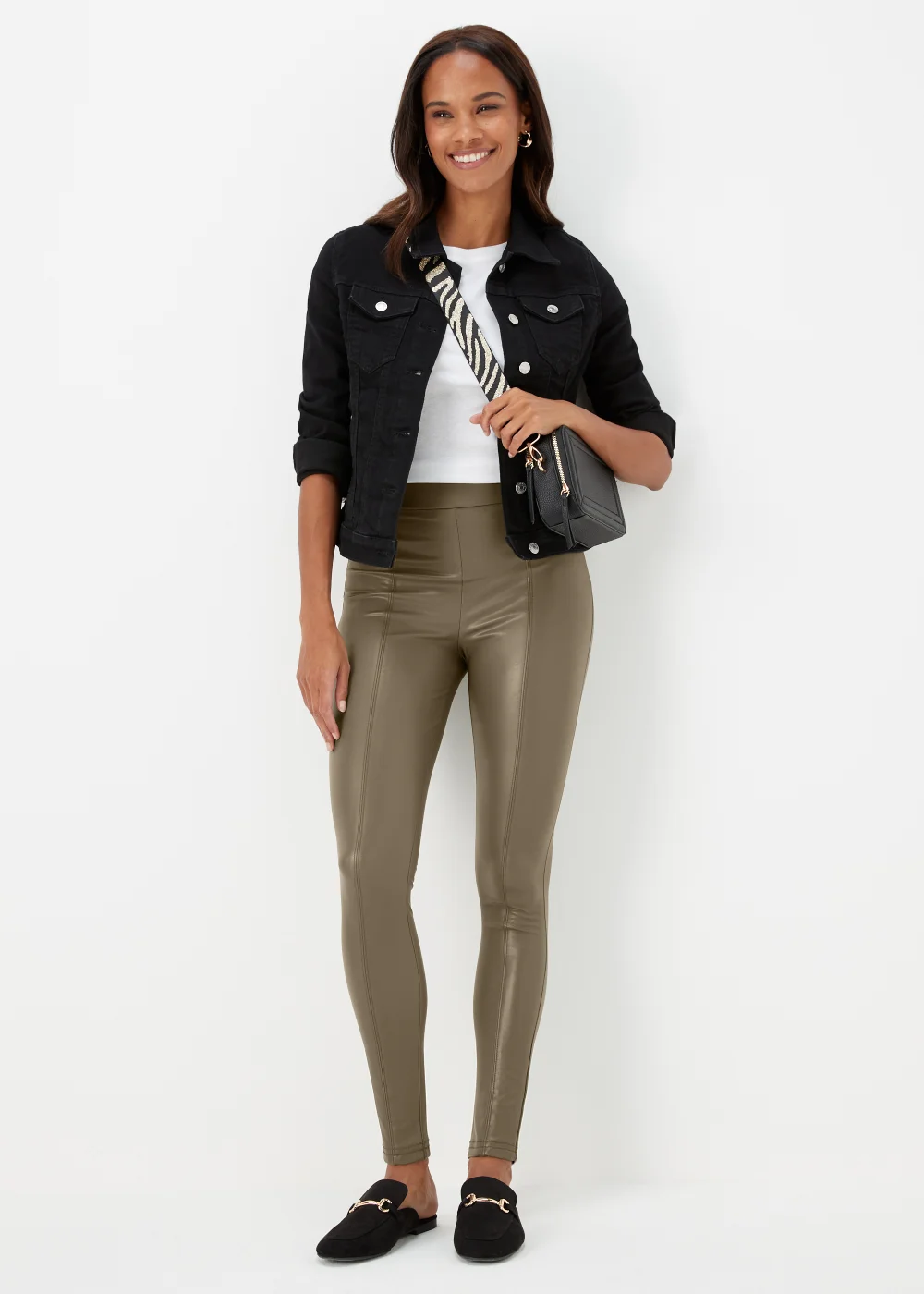 Khaki PU Seam Front Leggings - 8 Image 4