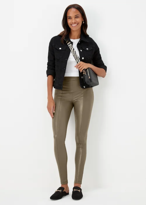 Khaki PU Seam Front Leggings - 8 Image 4