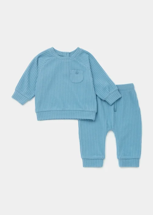 Baby Blue Ribbed Velour Sweatshirt & Leggings Set (Newborn-23mths) - 0-3 months Image 1