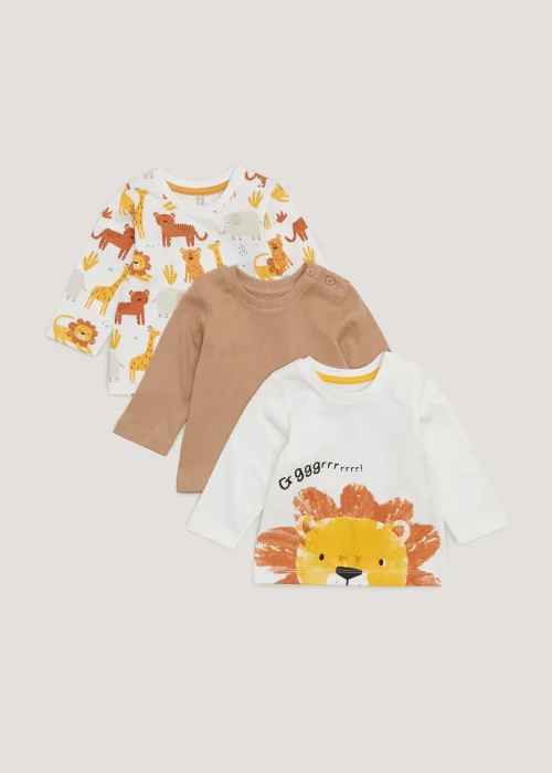 Baby 3 Pack Long Sleeve Jungle Animal T-Shirts (Newborn-23mths) - 0-3 months Image 1