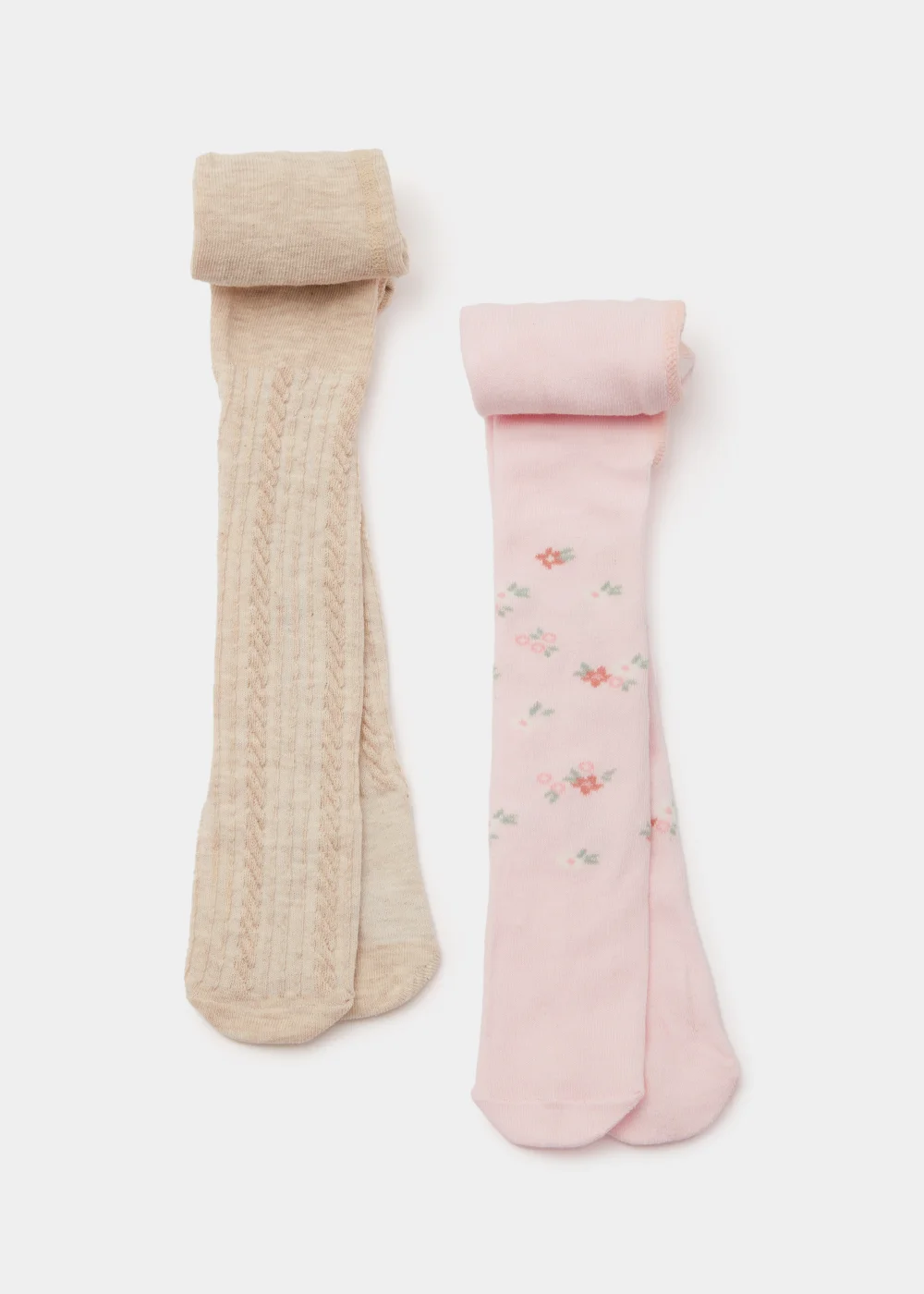 Baby 2 Pack Pink Flower & Cream Cable Knit Tights (Newborn-18mths) - Newborn Image 1