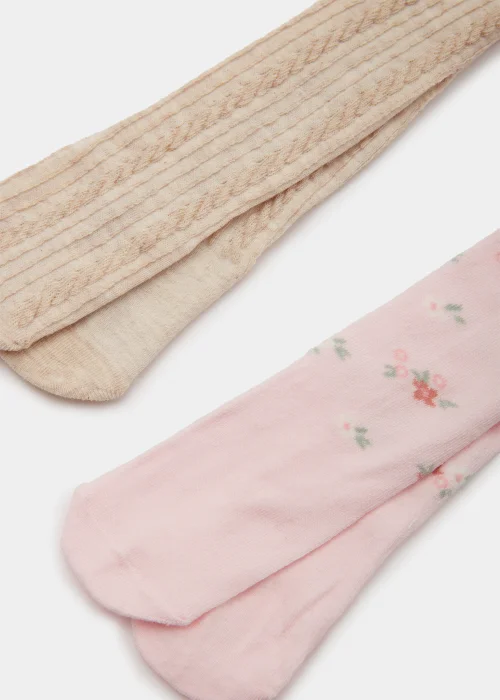 Baby 2 Pack Pink Flower & Cream Cable Knit Tights (Newborn-18mths) - Newborn Image 2
