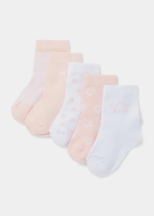 5 Pack Pink & White Baby Socks (Newborn-23mths) - Up to 1 Month Image 1