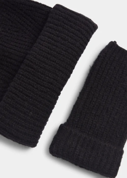 Black Ribbed Beanie Hat & Fingerless Gloves Set Image 2