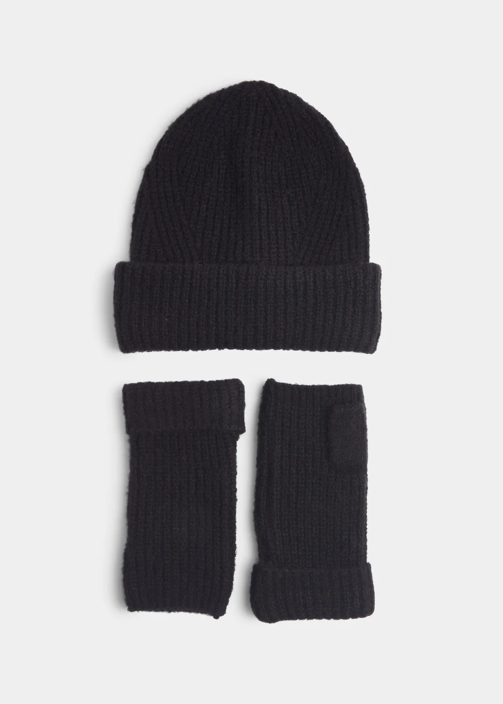 Black Ribbed Beanie Hat & Fingerless Gloves Set Image 1