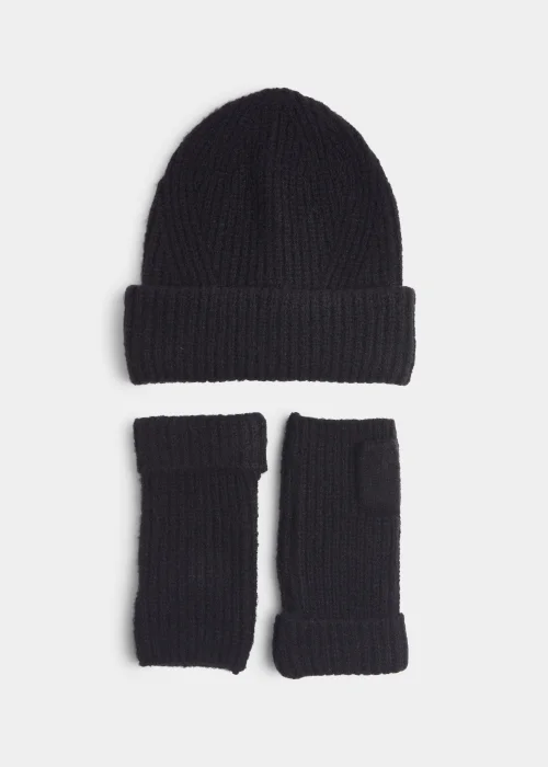 Black Ribbed Beanie Hat & Fingerless Gloves Set Image 1