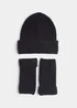 Black Ribbed Beanie Hat & Fingerless Gloves Set Image 1