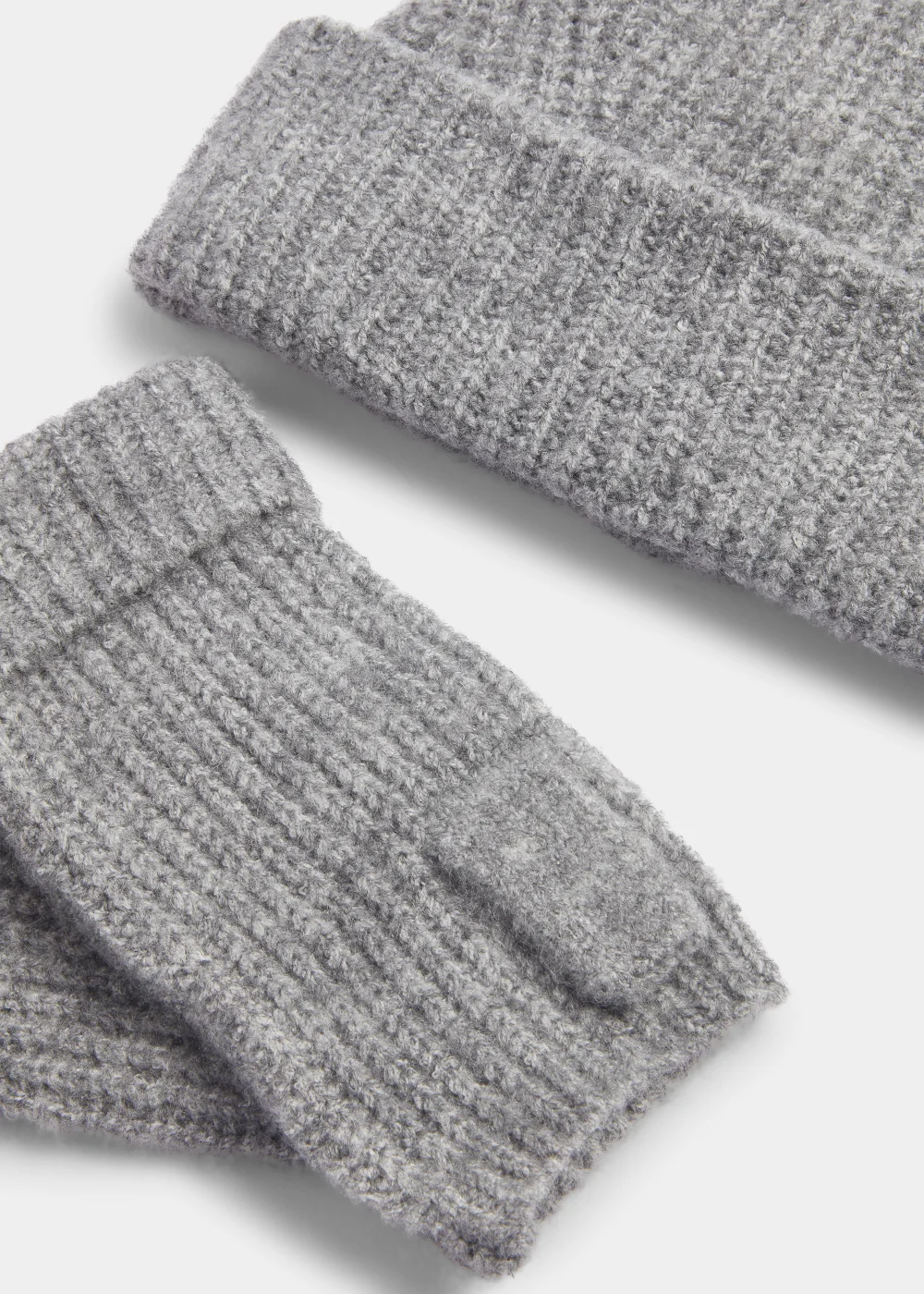 Grey Ribbed Beanie Hat & Fingerless Gloves Set Image 2