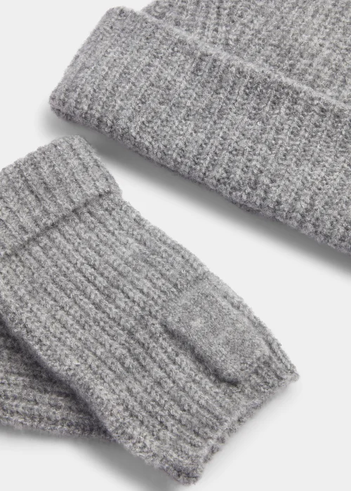 Grey Ribbed Beanie Hat & Fingerless Gloves Set Image 2