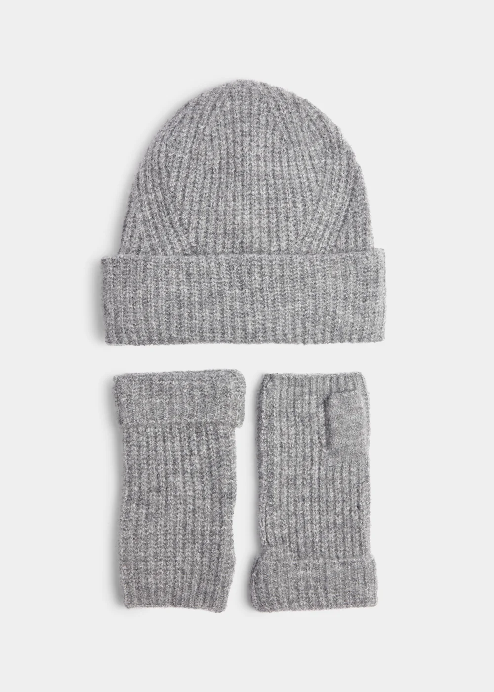 Grey Ribbed Beanie Hat & Fingerless Gloves Set Image 1
