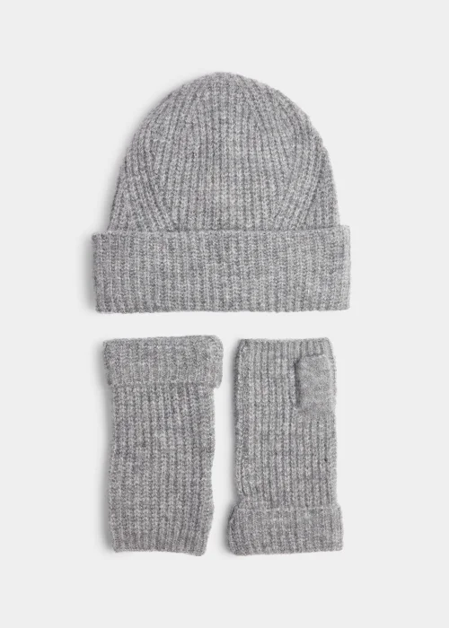 Grey Ribbed Beanie Hat & Fingerless Gloves Set Image 1