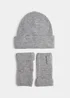 Grey Ribbed Beanie Hat & Fingerless Gloves Set Image 1