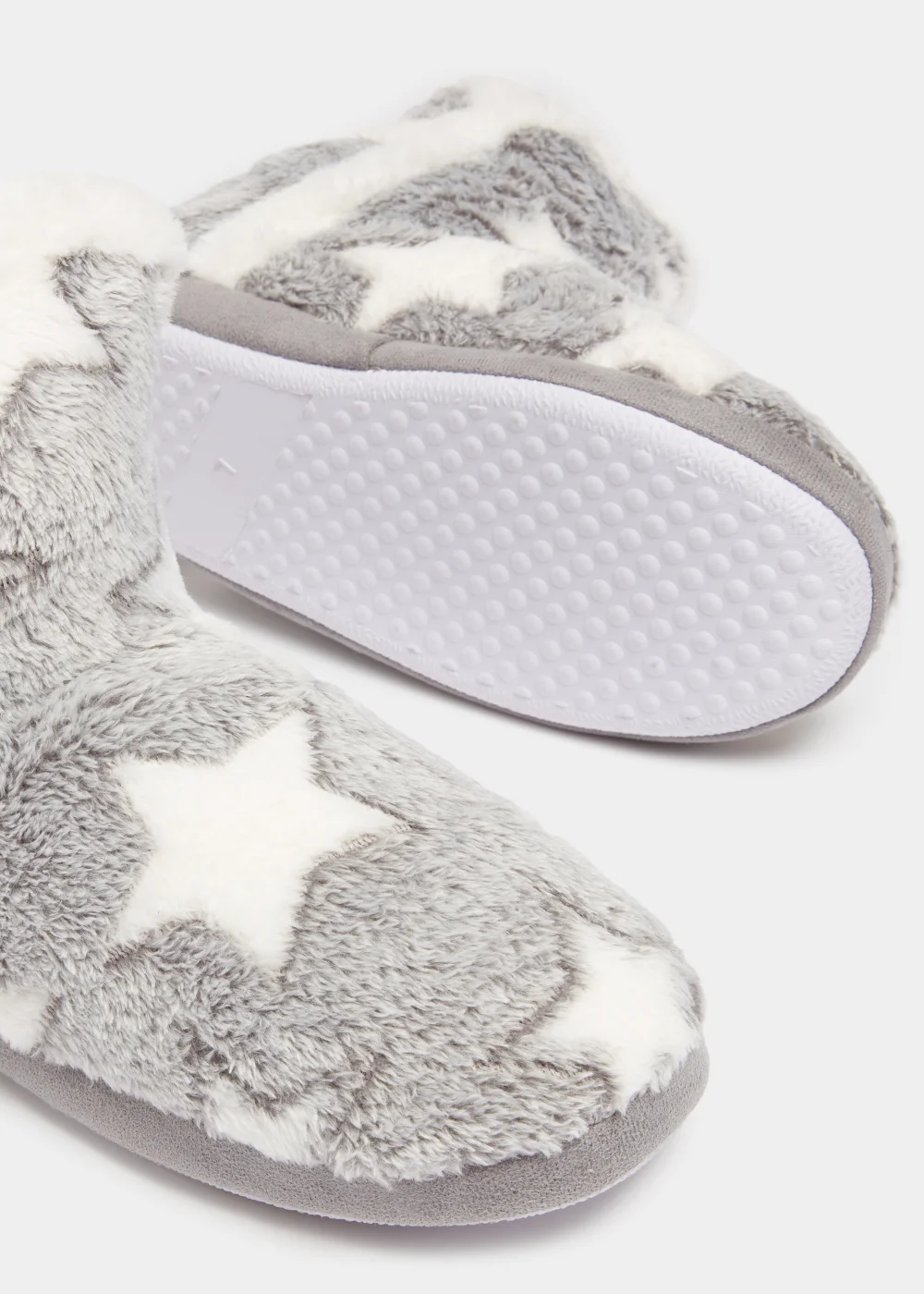 Grey Star Print Pom Pom Boot Slippers - Small Image 2