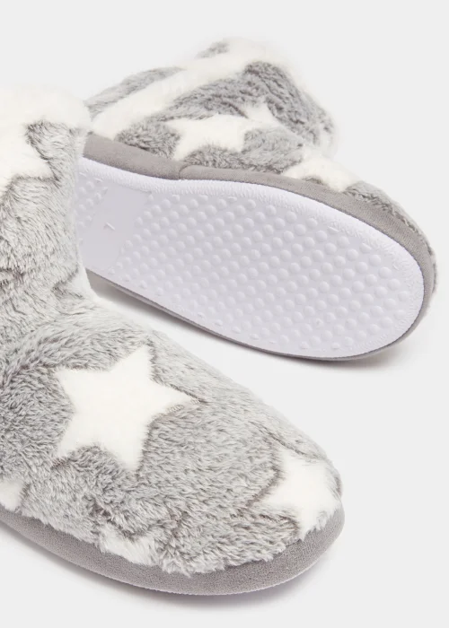 Grey Star Print Pom Pom Boot Slippers - Small Image 2