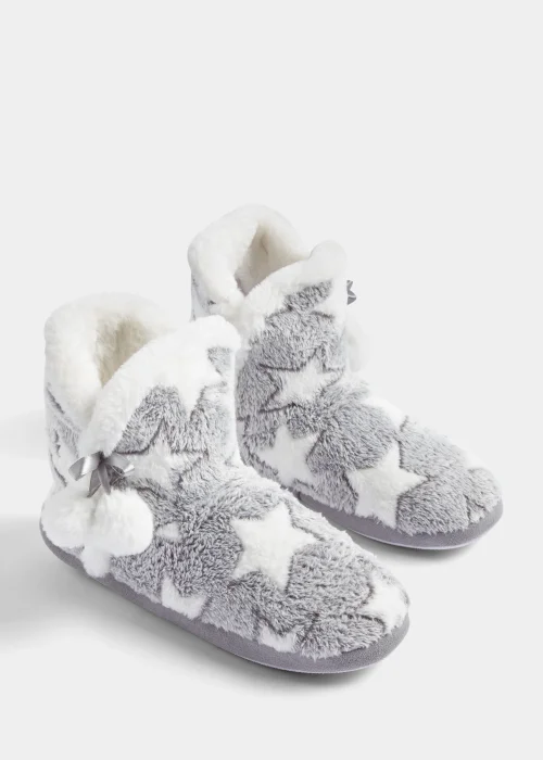 Grey Star Print Pom Pom Boot Slippers - Small Image 1
