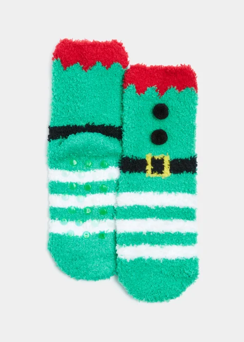 Kids Green Christmas Elf Slipper Socks (Younger 6-Older 5.5) - Sizes 6 - 8.5 Image 1