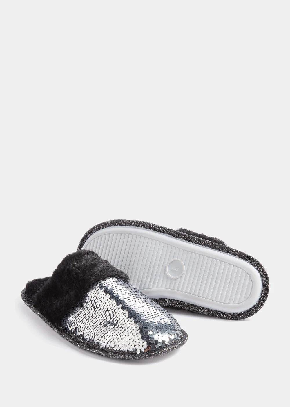 Silver Sequin Faux Fur Mule Slippers - Small Image 2