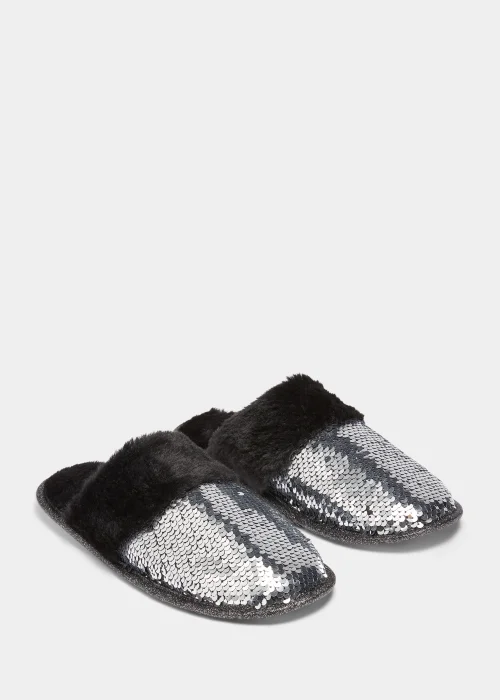 Silver Sequin Faux Fur Mule Slippers - Small Image 1