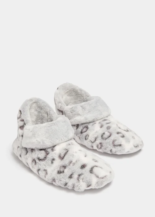 Grey Animal Print Turnover Boot Slippers - Small Image 1