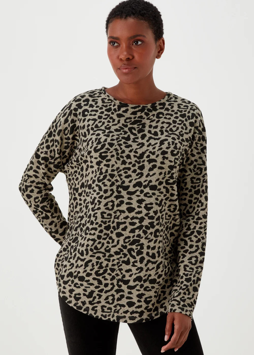 Brown Leopard Print Crewneck Top - S Image 1