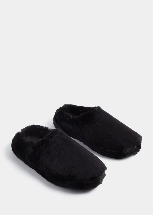 Black Faux Fur Mule Slippers - Small Image 1