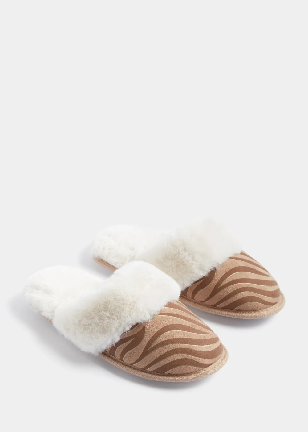 Tan Zebra Foil Faux Fur Trim Mule Slippers - Small Image 1