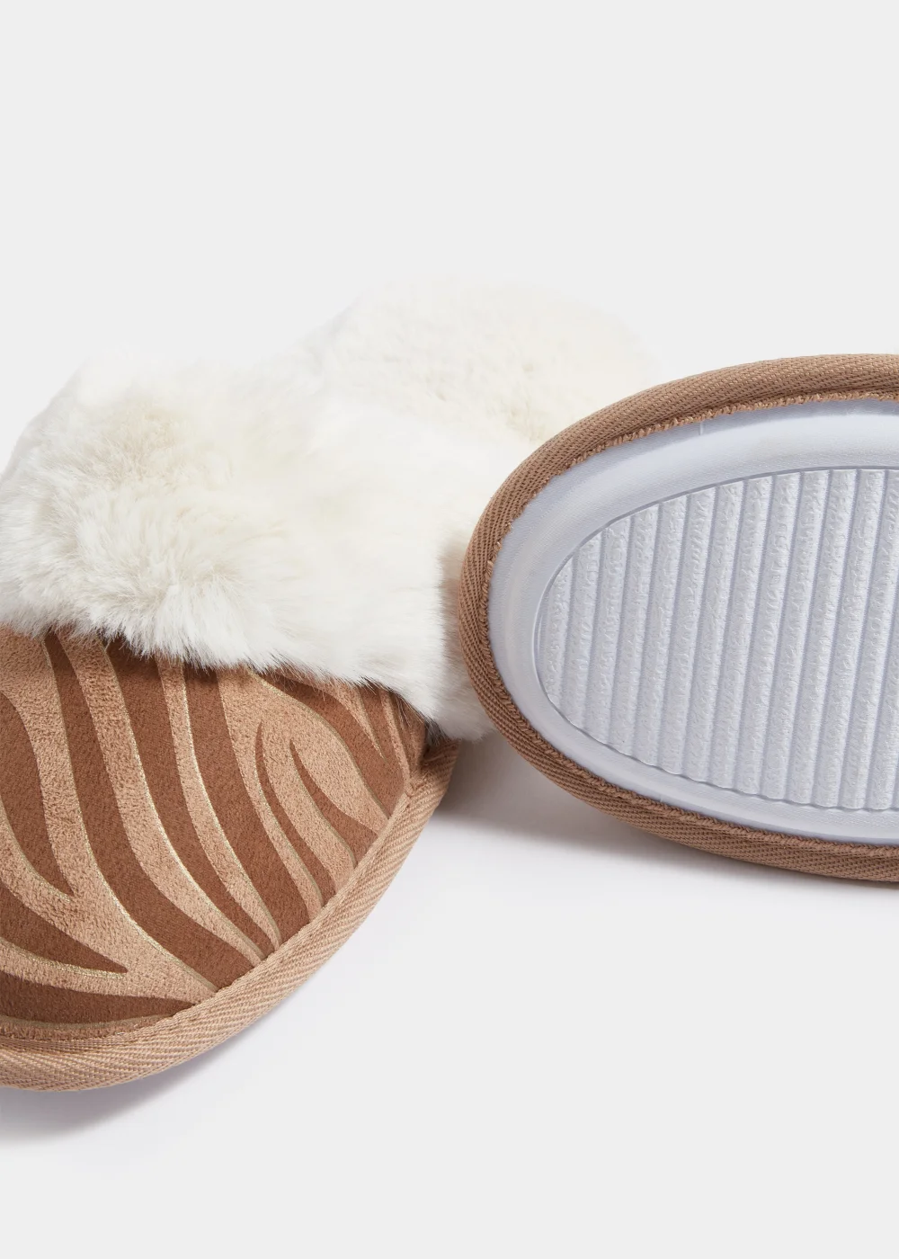 Tan Zebra Foil Faux Fur Trim Mule Slippers - Small Image 2