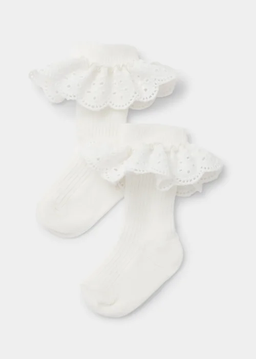 Baby 2 Pack Cream Schiffli Frill Socks (Newborn-23mths) - 0-3 months Image 1