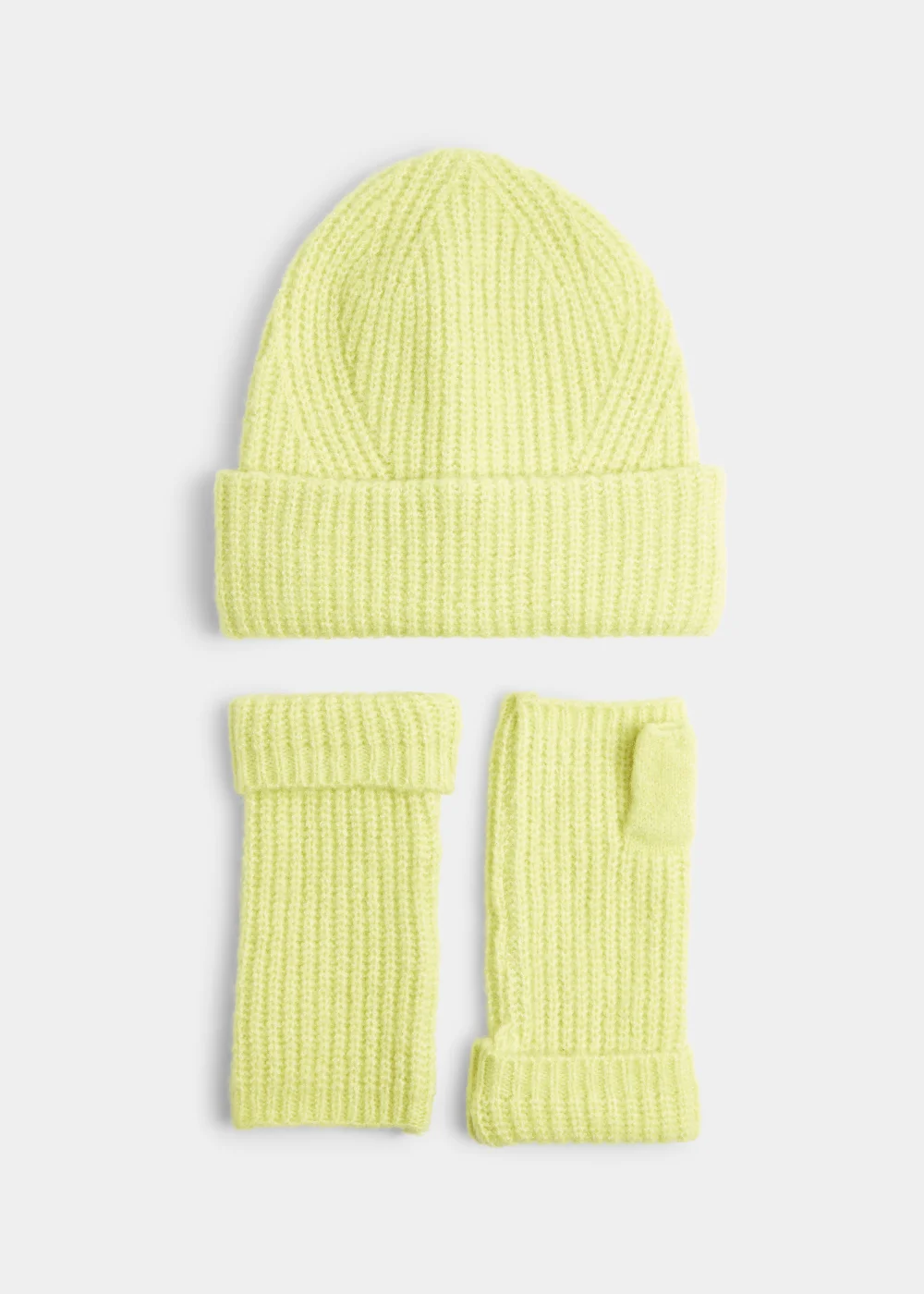 Lime Ribbed Beanie & Fingerless Gloves Set Image 1