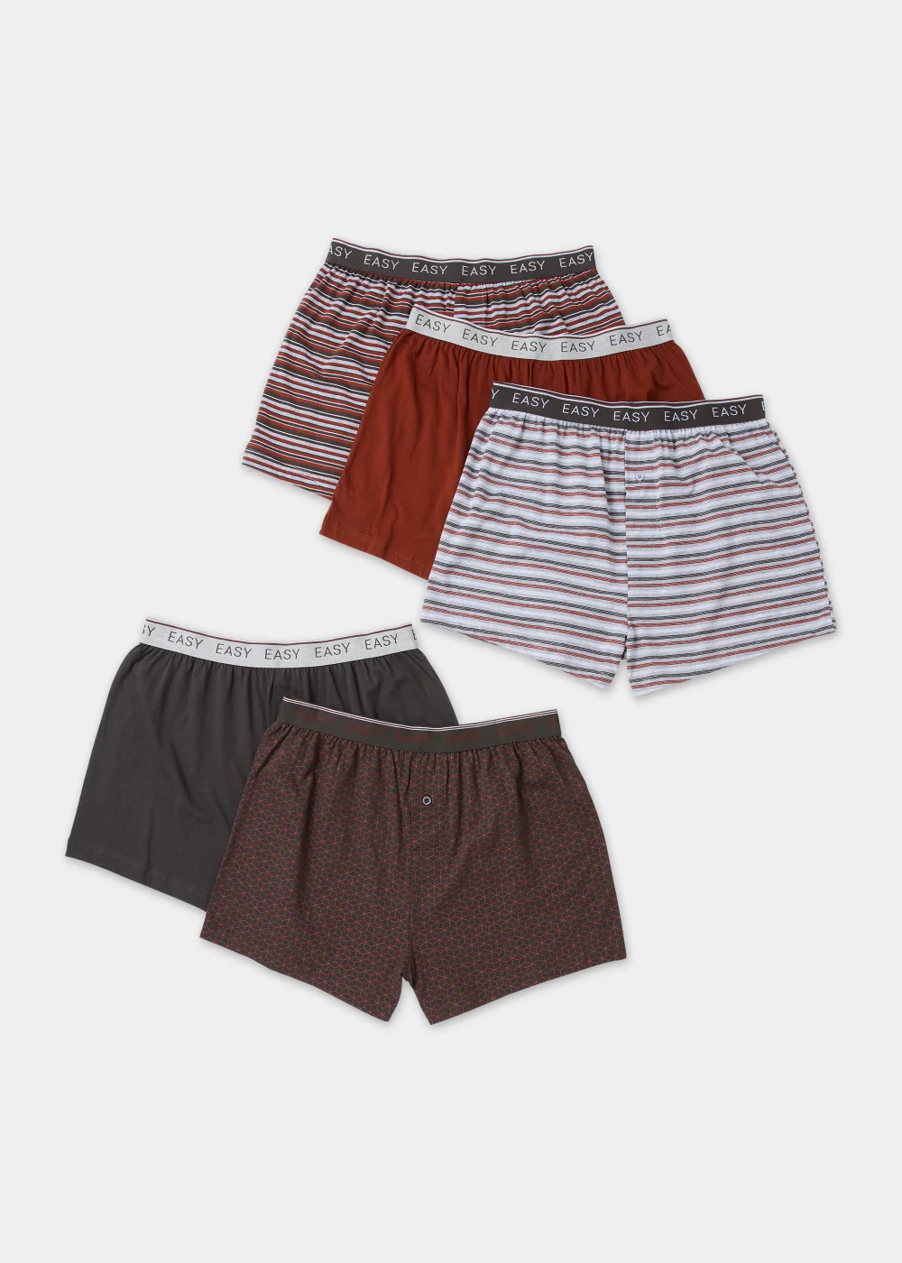 5 Pack Multicoloured Plain & Print Loose Fit Boxers - Small Image 1