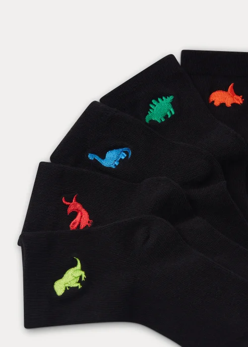 Kids 5 Pack Black Dinosaur Embroidered Socks (Younger 6-Older 6.5) - 4-6.5 Image 2