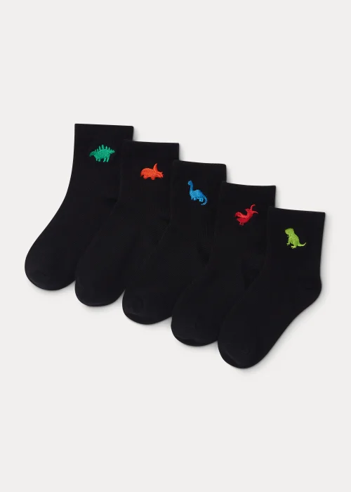 Kids 5 Pack Black Dinosaur Embroidered Socks (Younger 6-Older 6.5) - 4-6.5 Image 1