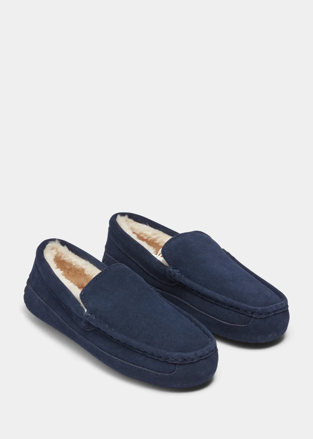 Navy Real Suede Faux Fur Moccasin Slippers - Size 6 Image 1