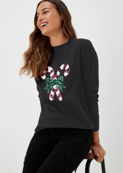 Black Sequin Christmas Candy Cane Jumper - S Image 3