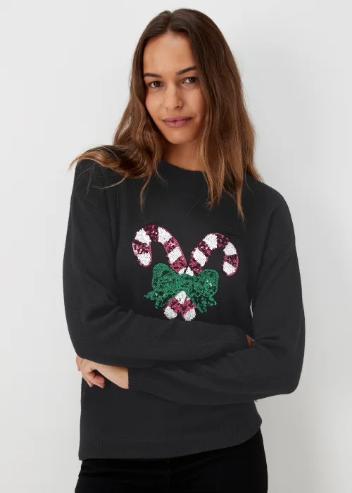 Black Sequin Christmas Candy Cane Jumper - S Image 1