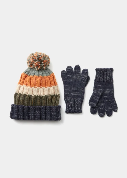 Boys 2 Piece Multicoloured Stripe Bobble Hat & Gloves Set (3-10yrs) - Age 3 - 6 Years Image 1