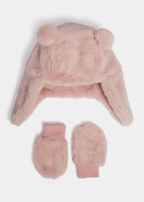 Baby Pink Trapper Hat & Gloves Set (Newborn-24mths) - Age 0 - 3 Months Image 1