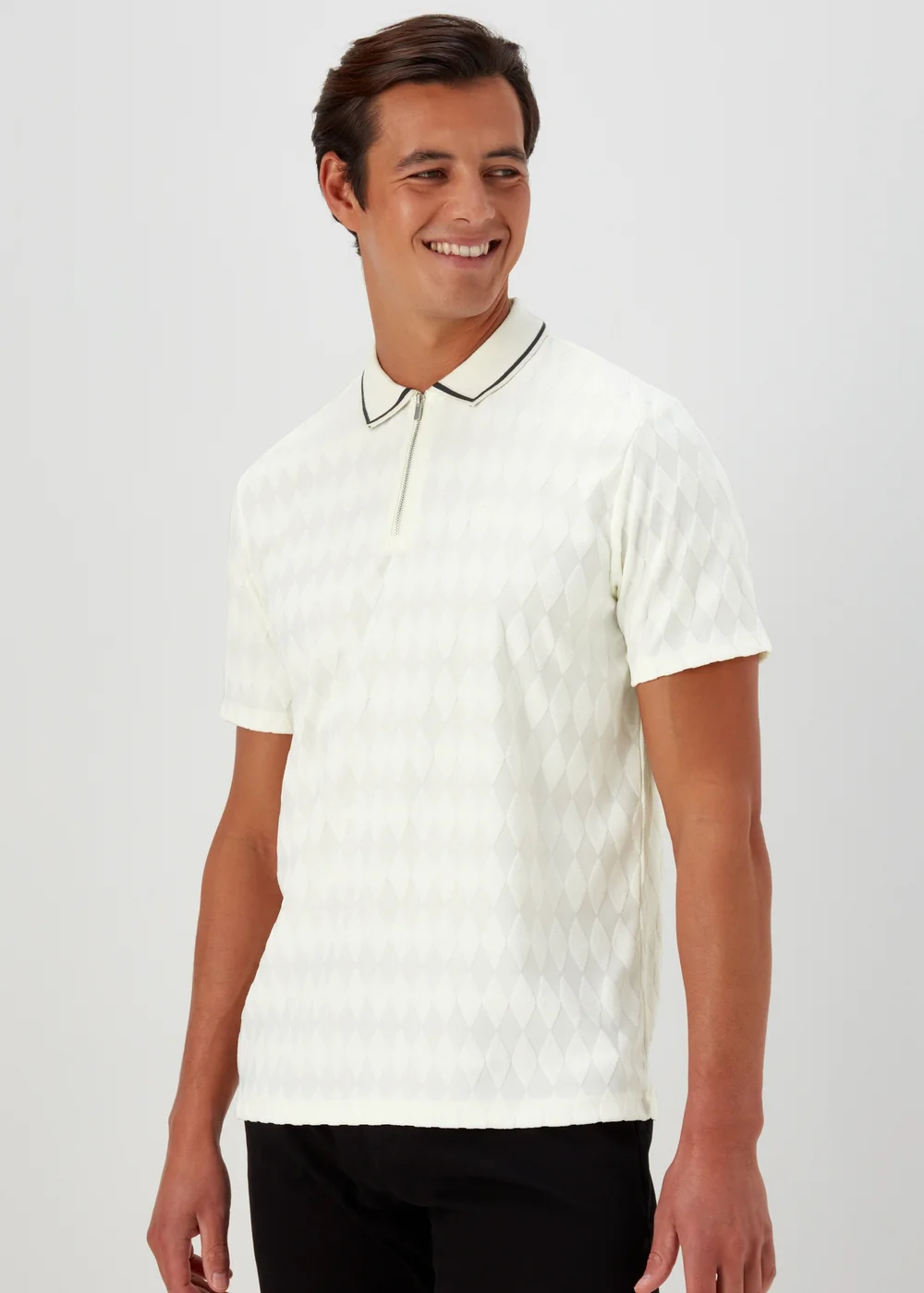 White Argyle Smart Towelling Zip Up Polo Shirt - S Image 1