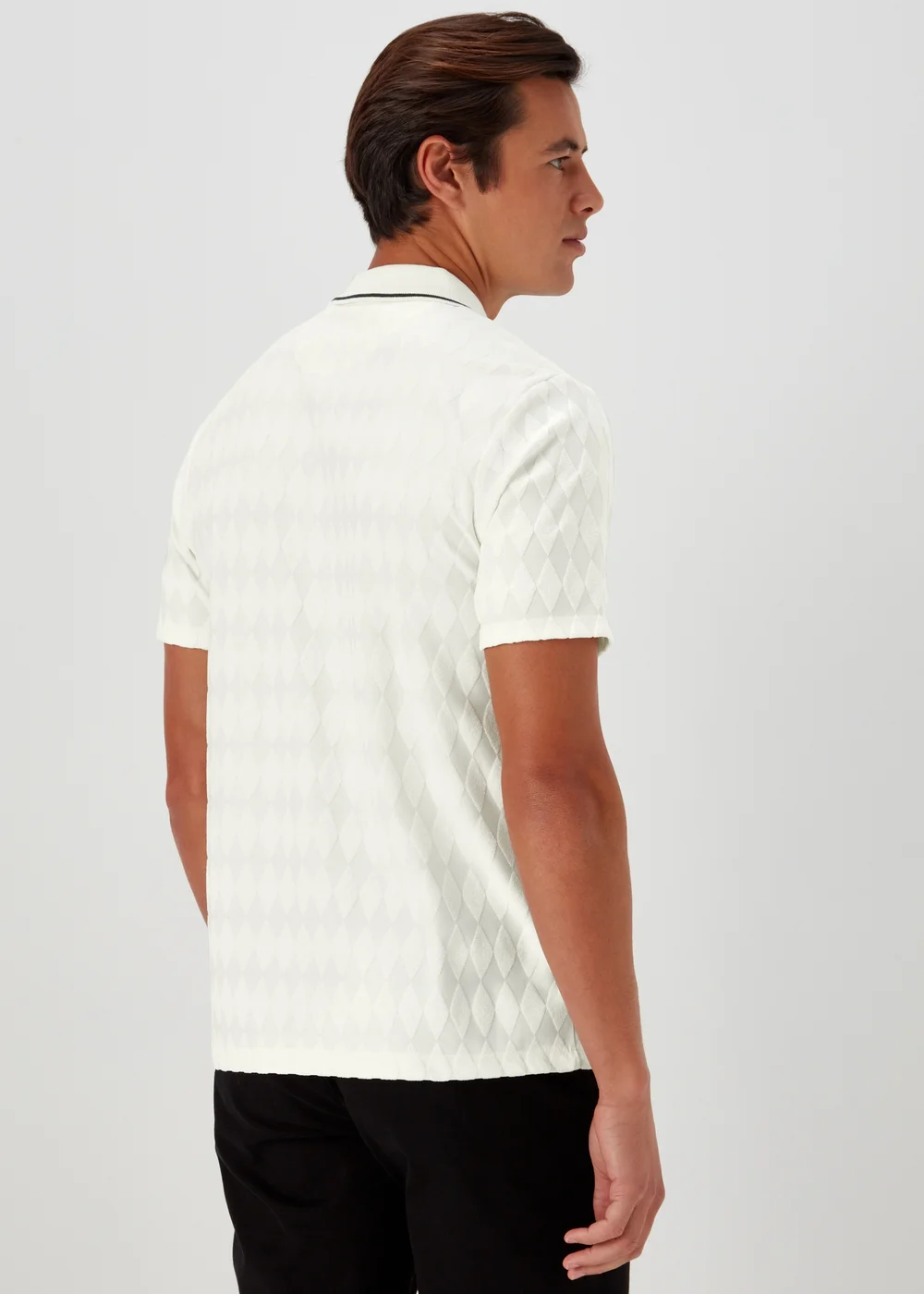 White Argyle Smart Towelling Zip Up Polo Shirt - S Image 2