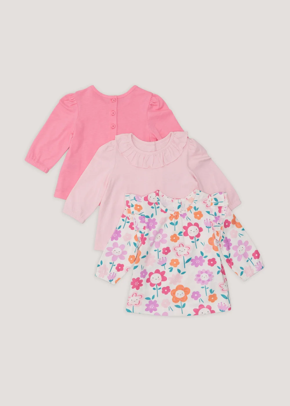 Baby 3 Pack Pink Flower Print Long Sleeve T-Shirts (Newborn-23mths) - Newborn Image 1