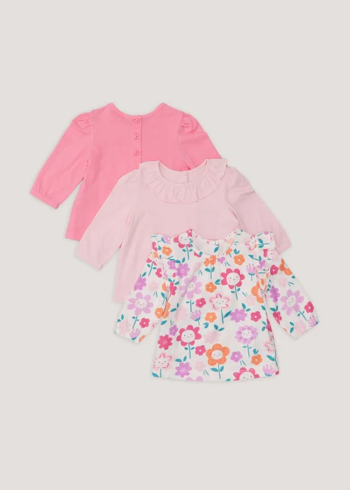 Baby 3 Pack Pink Flower Print Long Sleeve T-Shirts (Newborn-23mths) - Newborn Image 1