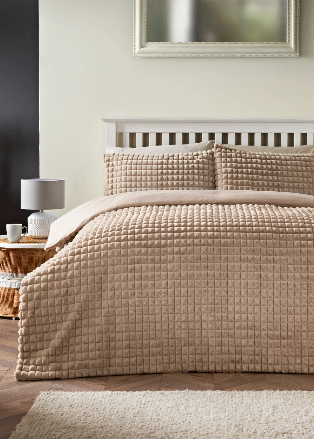 Beige Grid Faux Fur Duvet Cover - Single Image 1