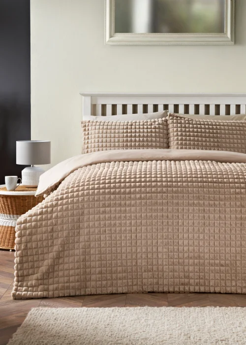 Beige Grid Faux Fur Duvet Cover - Single Image 1