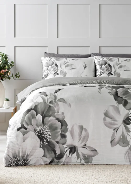 Grey Floral Print Crinkle Duvet Set - Double Image 1