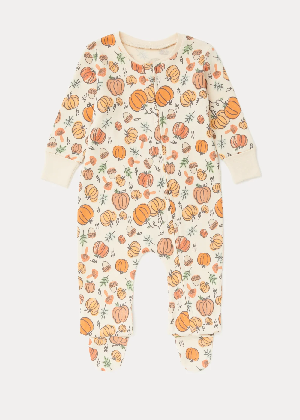 Baby Cream Pumpkin Print Zip Up Playsuit (Newborn-18mths) - Newborn Image 1