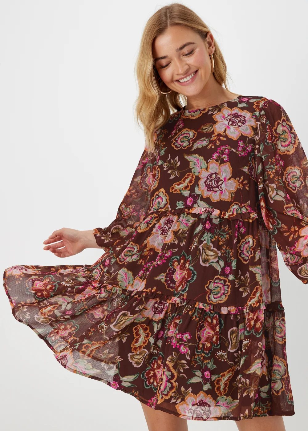 Papaya Petite Brown Floral Chiffon Mini Dress - Size 6 Image 3